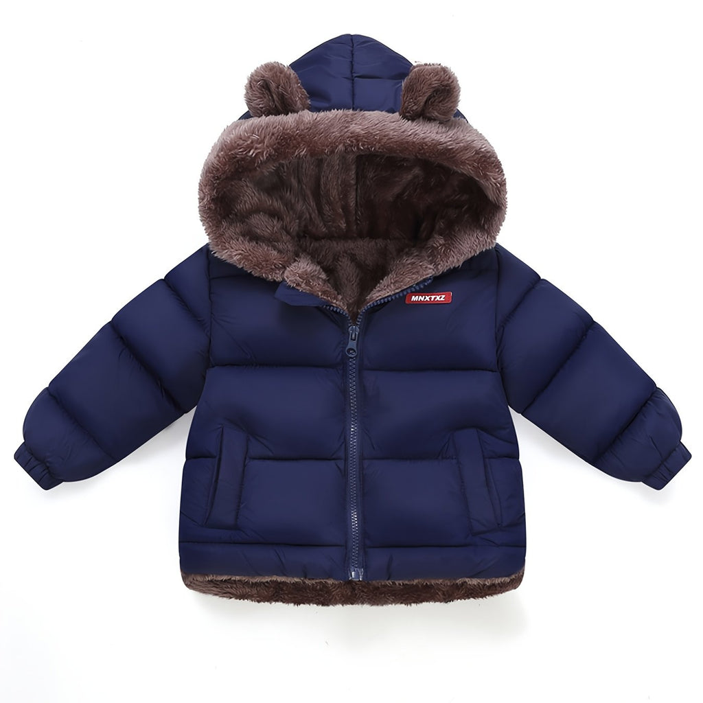 Girls' Cute Bear Ears Fleece Coat - Long Sleeve Winter Jacket with Cardigan Collar. Full-Zip Front Closure. Warm Padded Hooded Coat for Boys & Girls. Cozy Fall/winter Outerwear With Pockets (solid Color. Casual Style. Regular Fit. Hand Washable)
