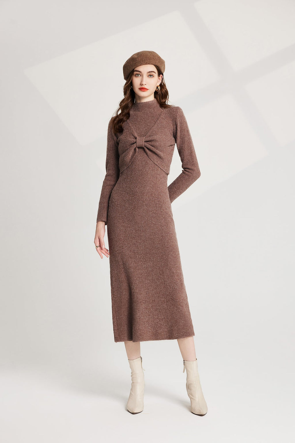 Thickened Bow Half High Neck Base Knitted Sweater Vest Dress Two Piece Set