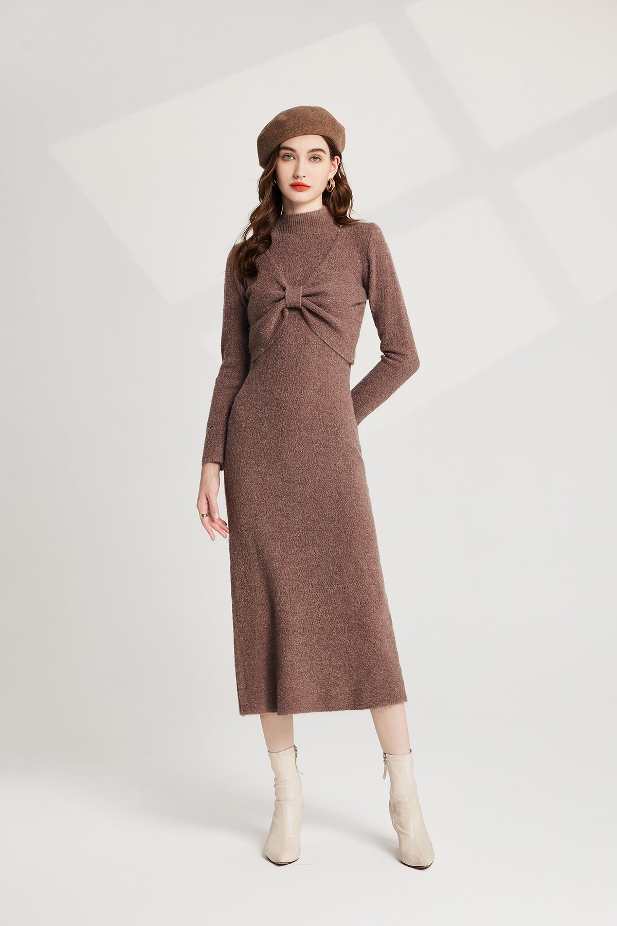 Thickened Bow Half High Neck Base Knitted Sweater Vest Dress Two Piece Set