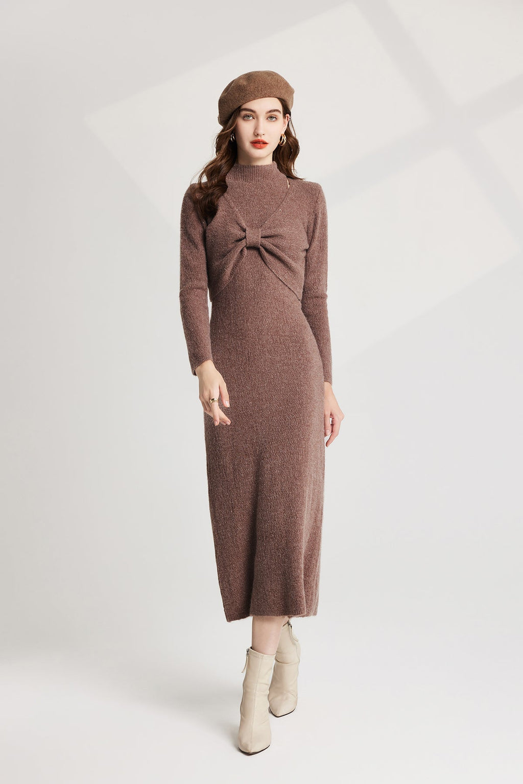 Thickened Bow Half High Neck Base Knitted Sweater Vest Dress Two Piece Set