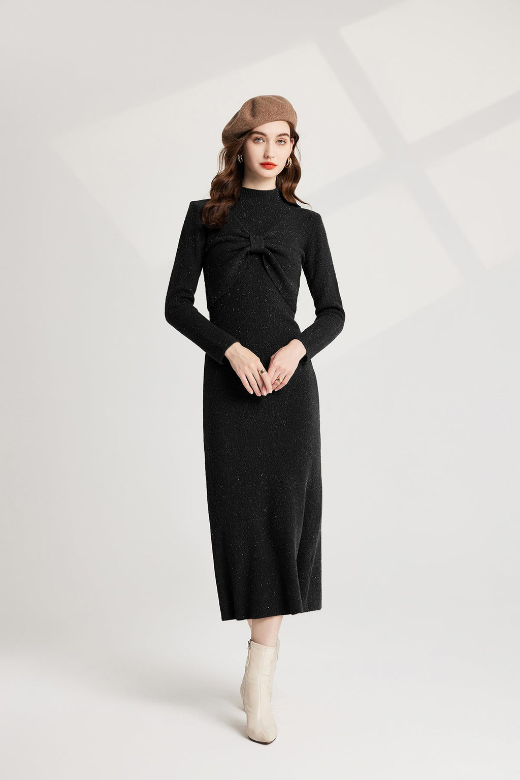 Thickened Bow Half High Neck Base Knitted Sweater Vest Dress Two Piece Set