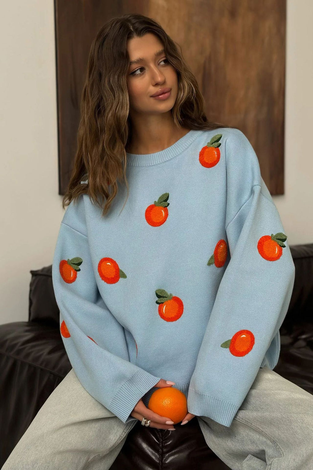 Girls' Orange Flocked Knit Sweater