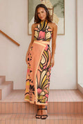 Wild Print Halter Neck Cardigan with Skirt Set