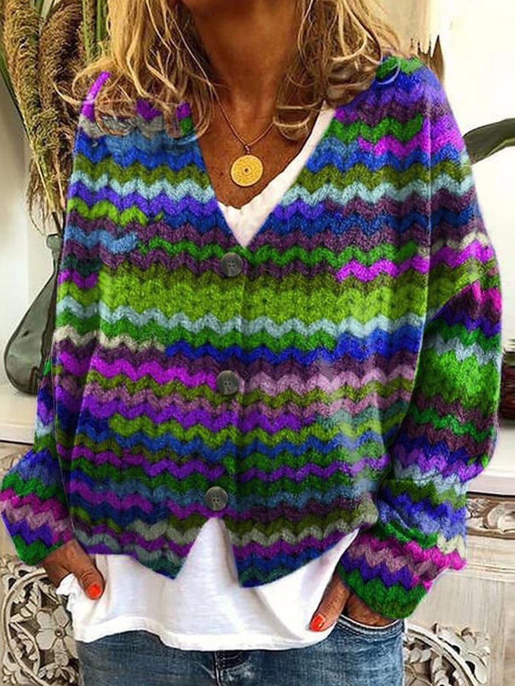 Casual Floral Pattern Three Button Knit Sweater Cardigan
