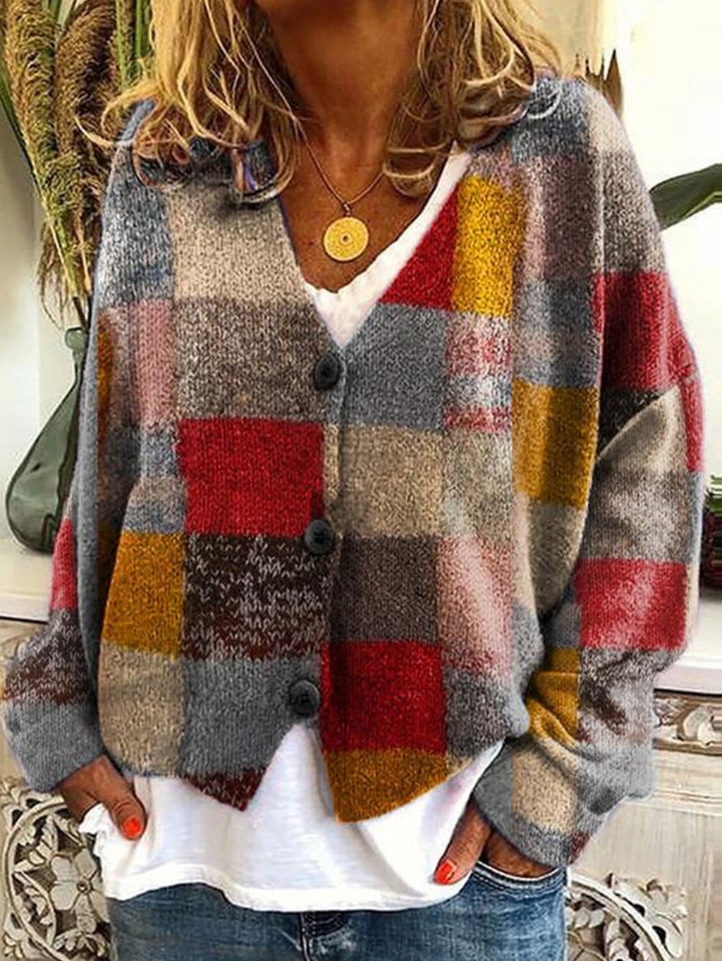 Casual Floral Pattern Three Button Knit Sweater Cardigan