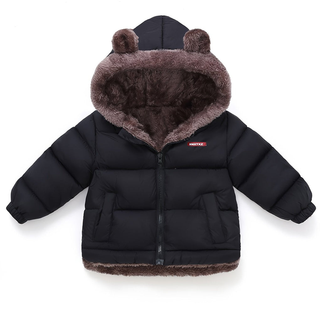 Girls' Cute Bear Ears Fleece Coat - Long Sleeve Winter Jacket with Cardigan Collar. Full-Zip Front Closure. Warm Padded Hooded Coat for Boys & Girls. Cozy Fall/winter Outerwear With Pockets (solid Color. Casual Style. Regular Fit. Hand Washable)