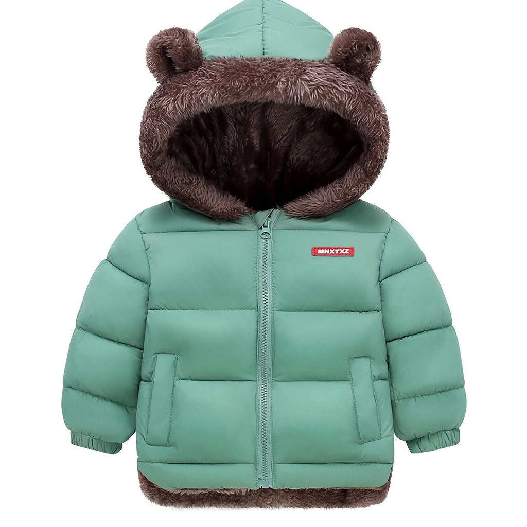 Girls' Cute Bear Ears Fleece Coat - Long Sleeve Winter Jacket with Cardigan Collar. Full-Zip Front Closure. Warm Padded Hooded Coat for Boys & Girls. Cozy Fall/winter Outerwear With Pockets (solid Color. Casual Style. Regular Fit. Hand Washable)