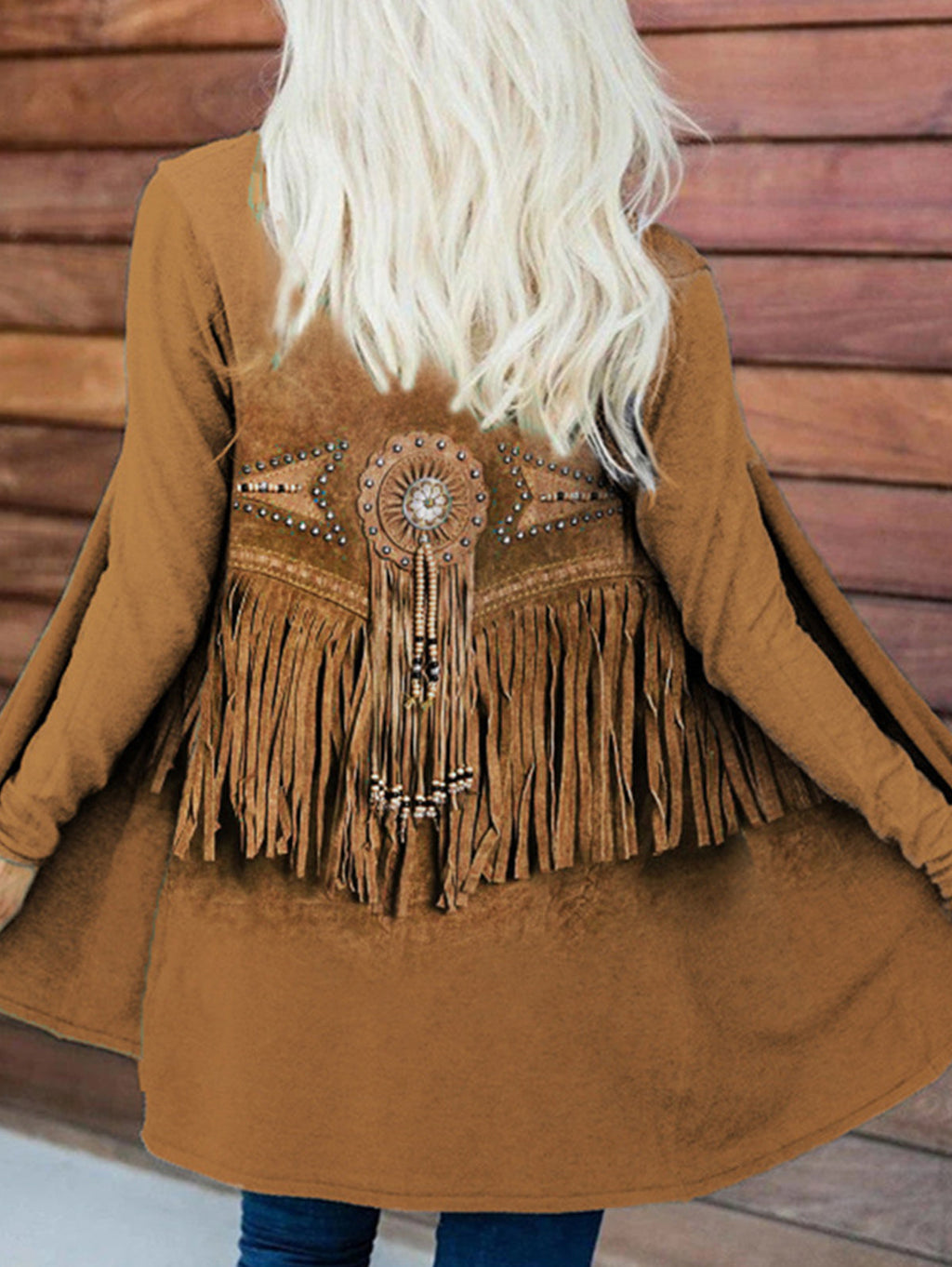 Boho Fringe Print Open Front Long Sleeve Cardigan