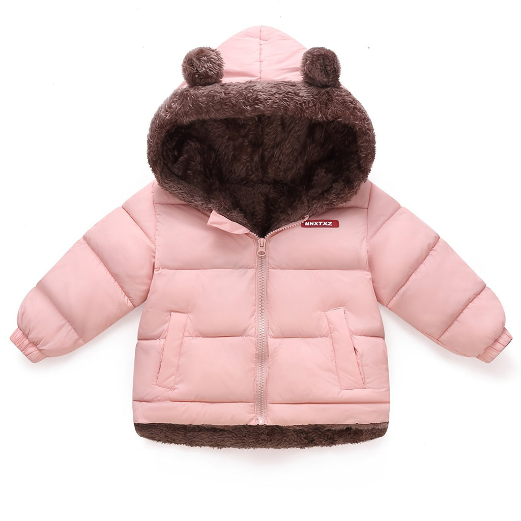 Girls' Cute Bear Ears Fleece Coat - Long Sleeve Winter Jacket with Cardigan Collar. Full-Zip Front Closure. Warm Padded Hooded Coat for Boys & Girls. Cozy Fall/winter Outerwear With Pockets (solid Color. Casual Style. Regular Fit. Hand Washable)