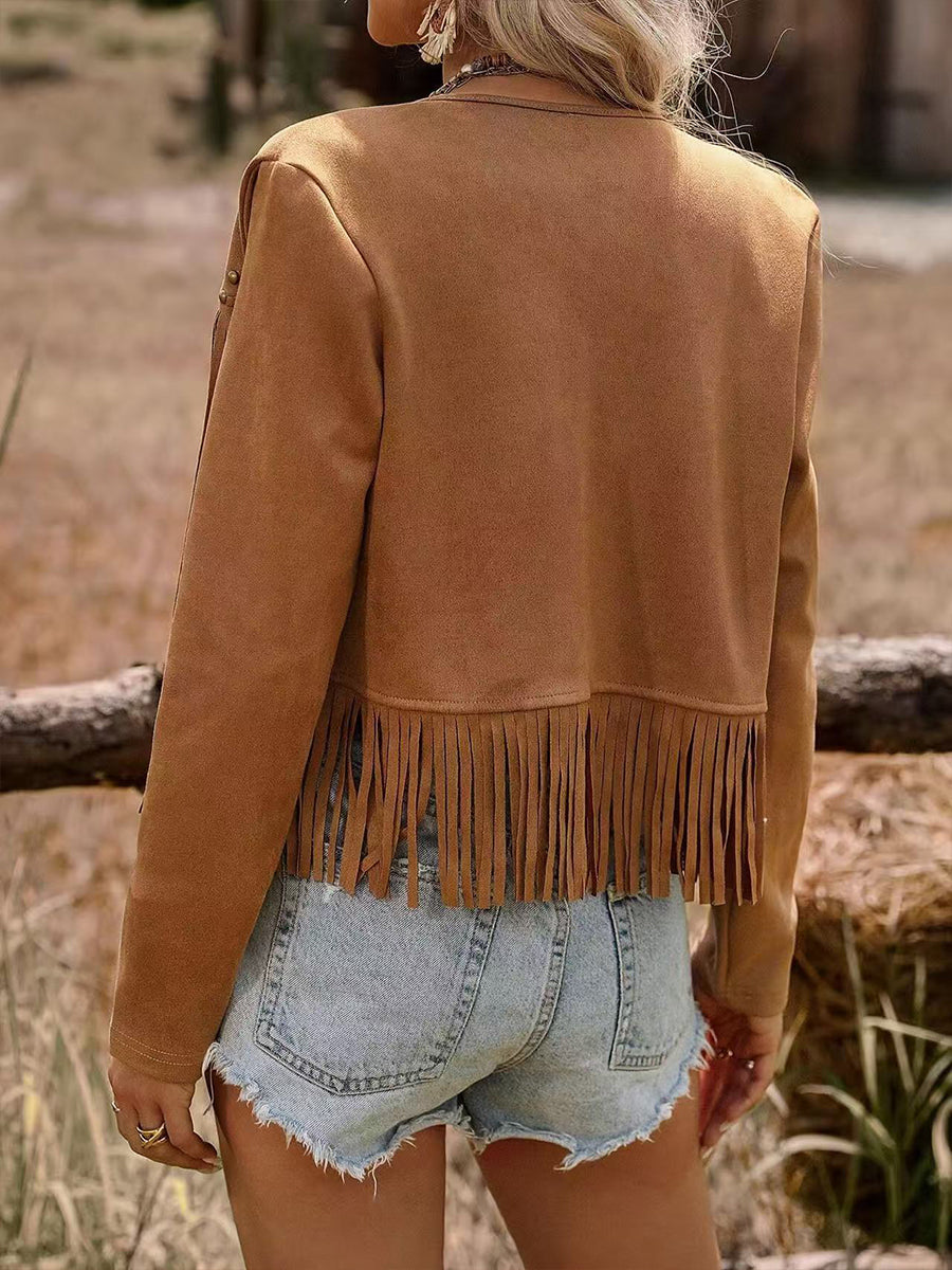 Daily Brown Long Sleeve Strappy Western Studded Chamois Cardigans