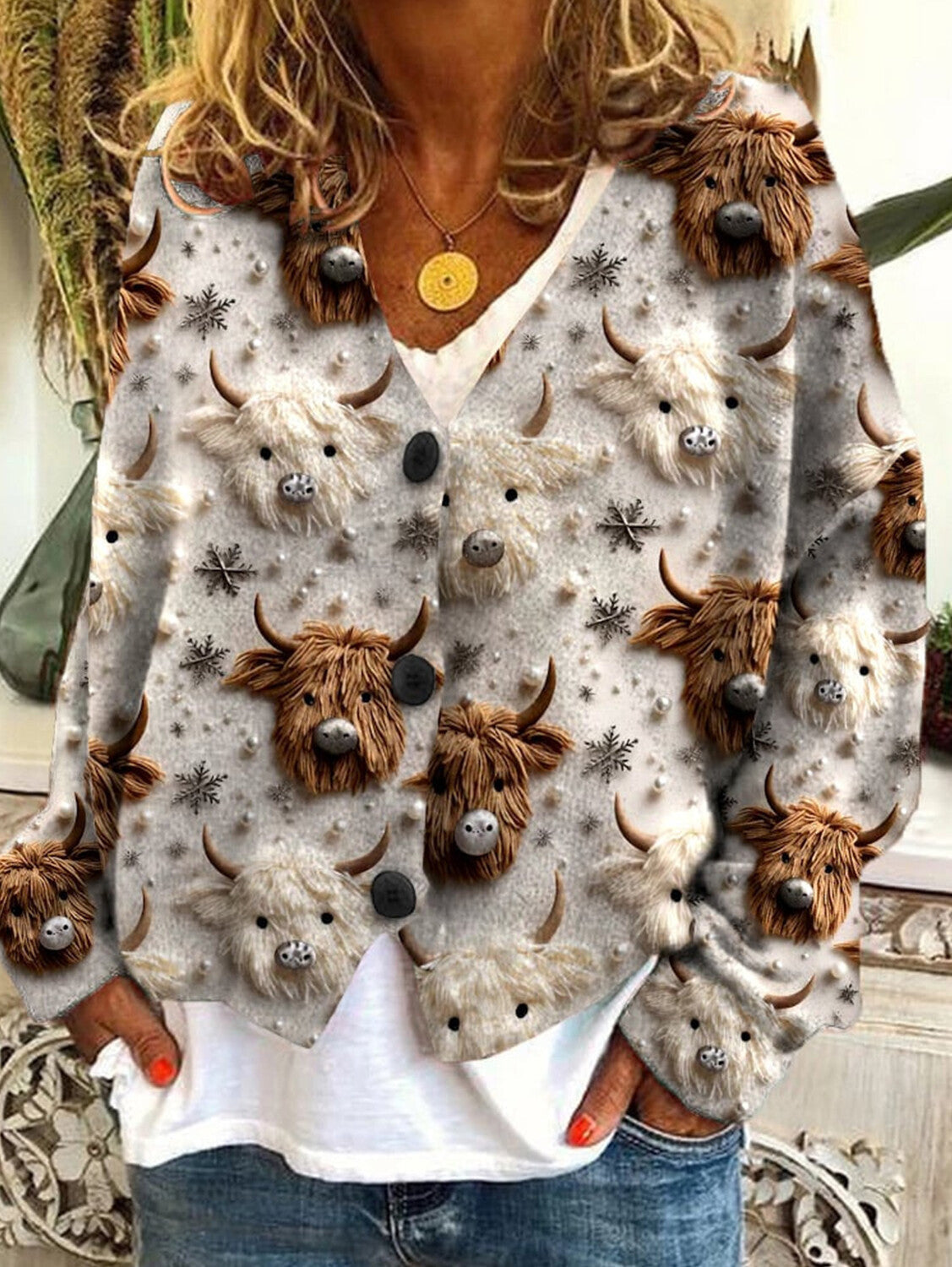 Casual Floral Pattern Three Button Knit Sweater Cardigan
