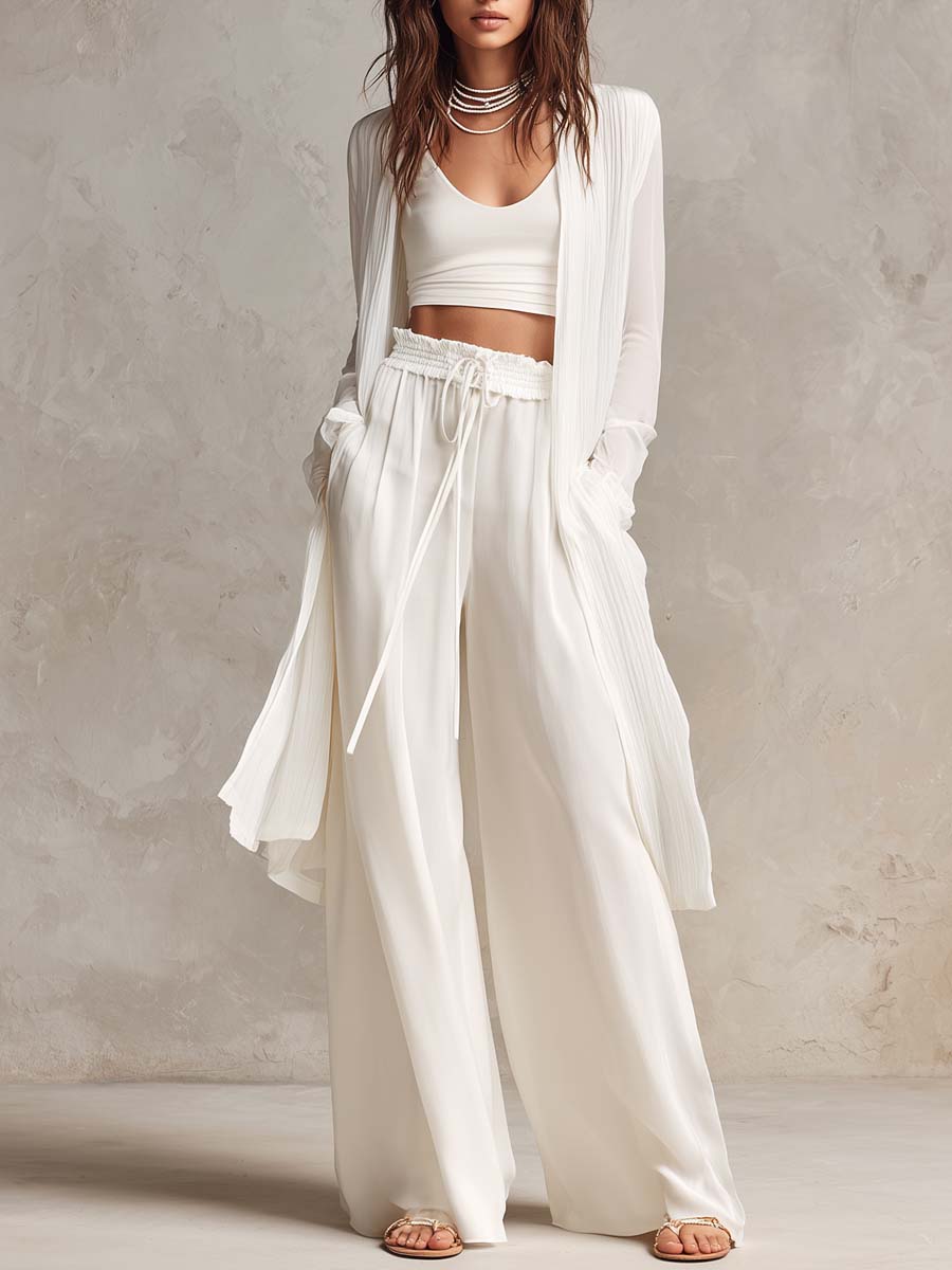 Retro Chiffon Cardigan Elastic Waist Pants Two-piece Set