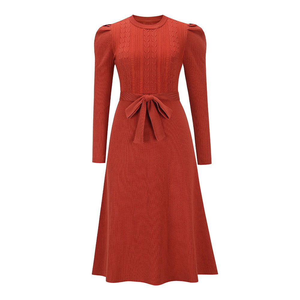 Bubble Long Sleeve Knitted Dress Mid-Length Elegant Slimming High Waist Big Swing Dress Base Sweater Dress