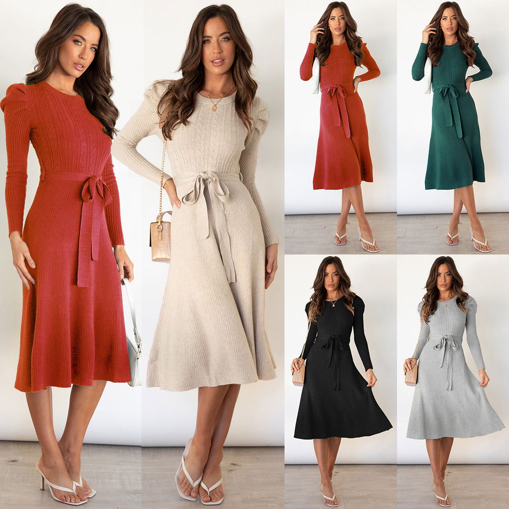 Bubble Long Sleeve Knitted Dress Mid-Length Elegant Slimming High Waist Big Swing Dress Base Sweater Dress