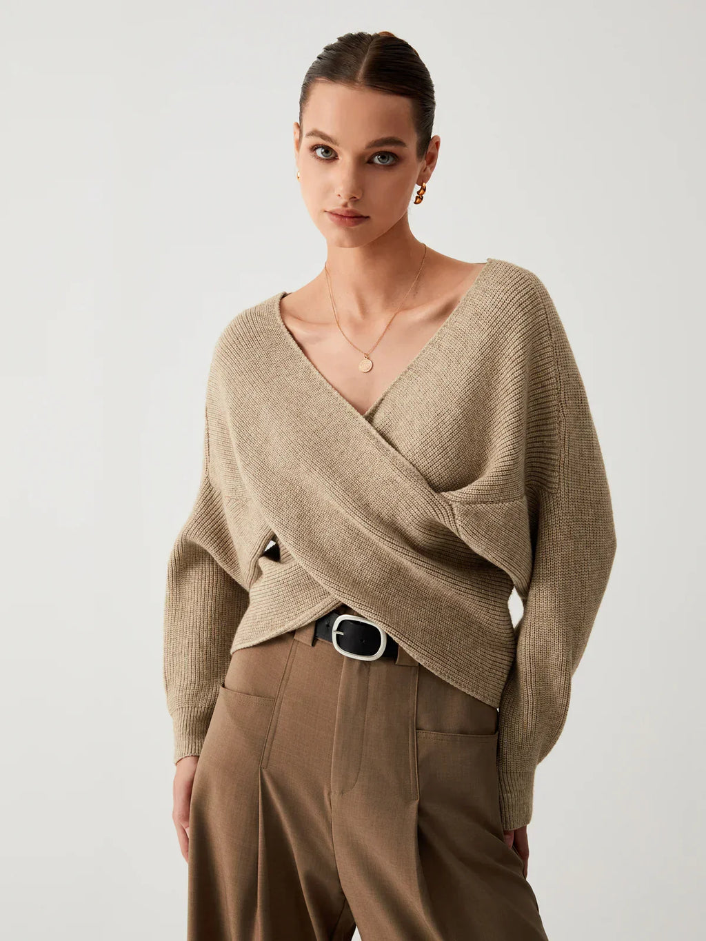 Cross-Over V-Neck Sweater | Draped Front | Slim Fit
