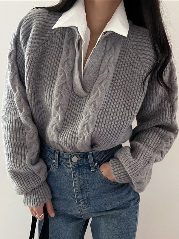 Cable Knit V-Neck Sweater | Turn-Down Collar | Relaxed Fit