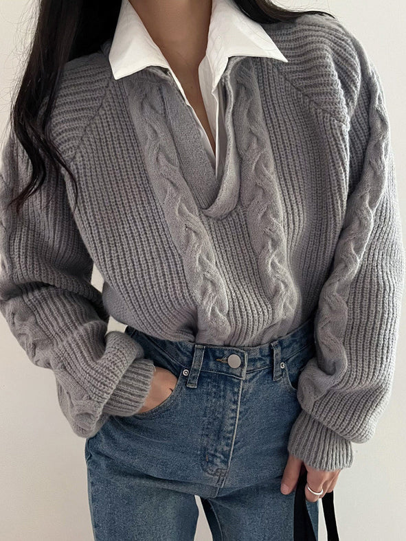 Cable Knit V-Neck Sweater | Turn-Down Collar | Relaxed Fit