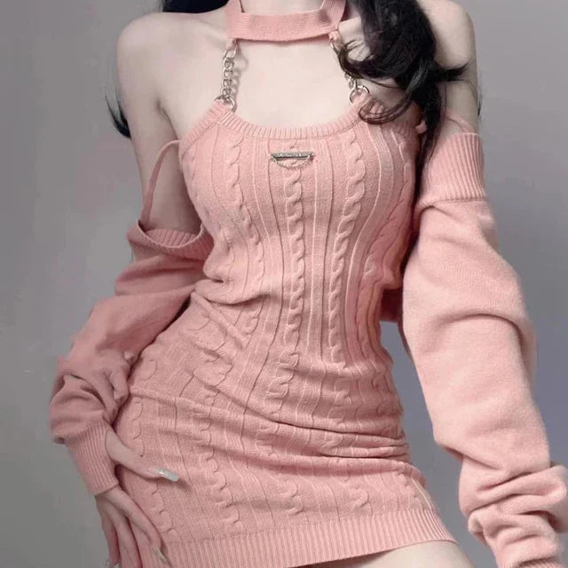 Halterneck Chain Cardigan Sweater Dress