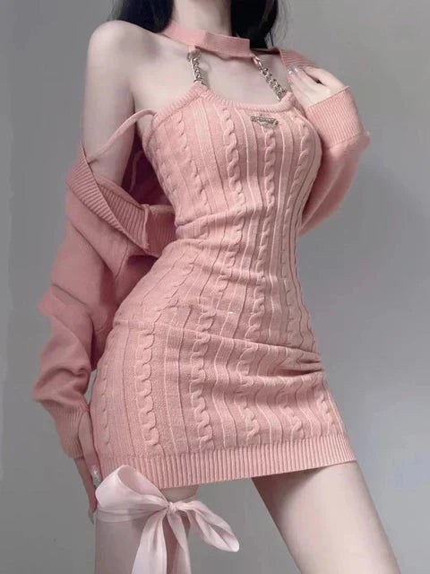 Halterneck Chain Cardigan Sweater Dress