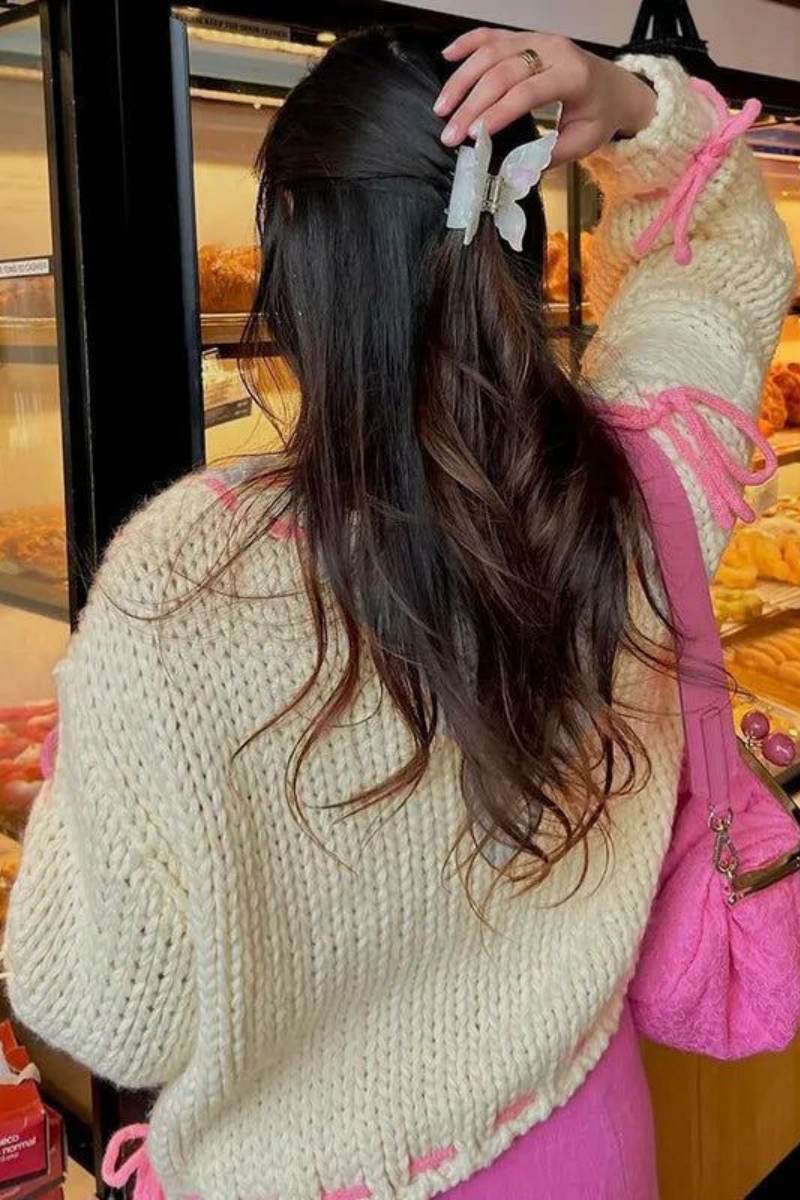 Tie-Drawstring Patterned Sweater Top