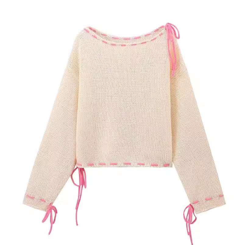 Tie-Drawstring Patterned Sweater Top