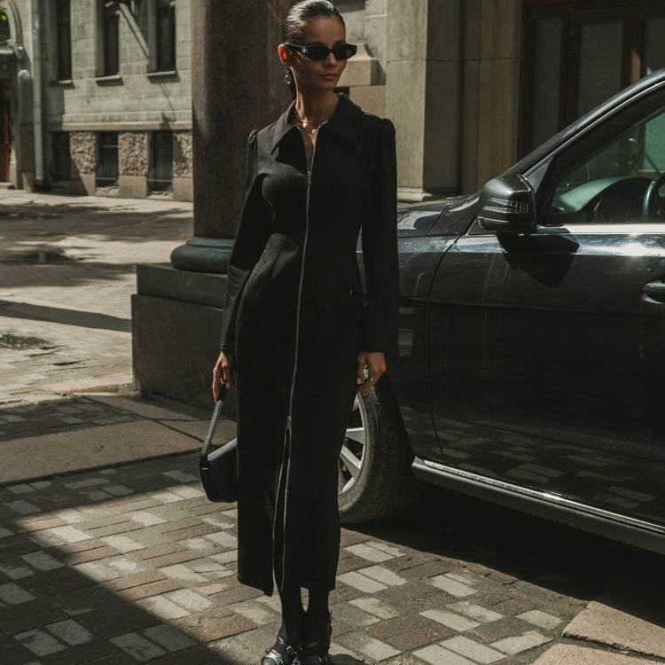 Cardigan Sheath Dress Polo Collar Long Sleeve Zipper Black Dress