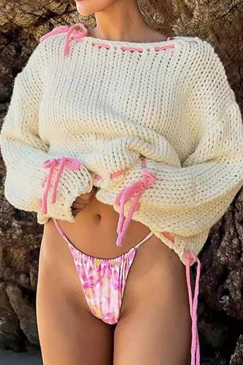 Tie-Drawstring Patterned Sweater Top