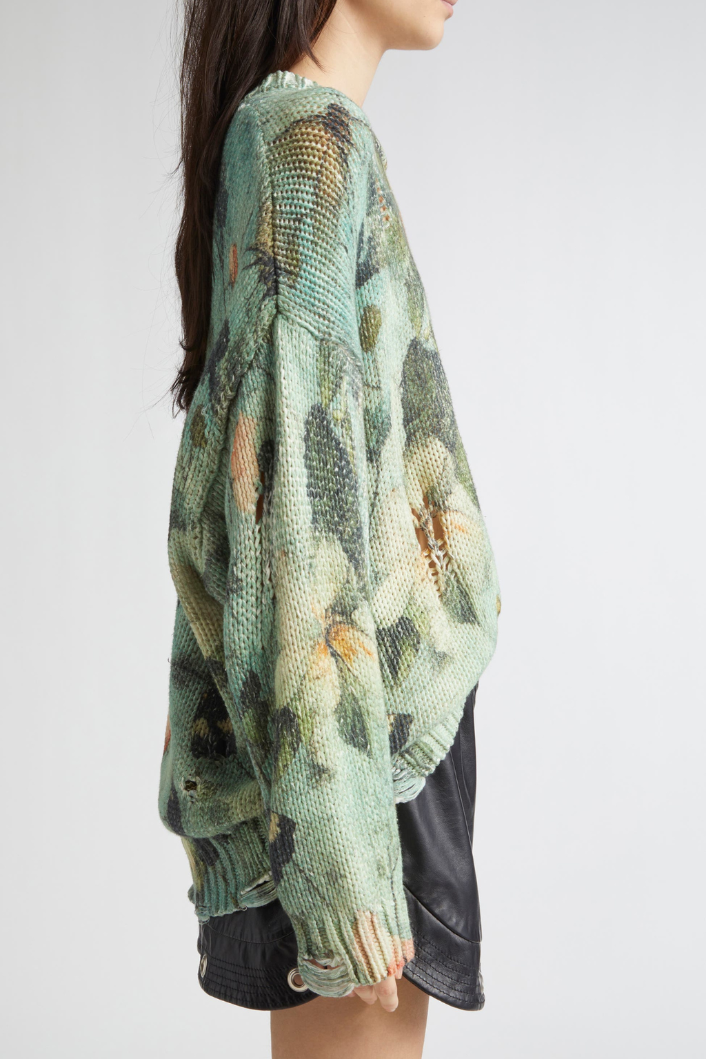 Omria Floral Print Distressed Sweater - Green
