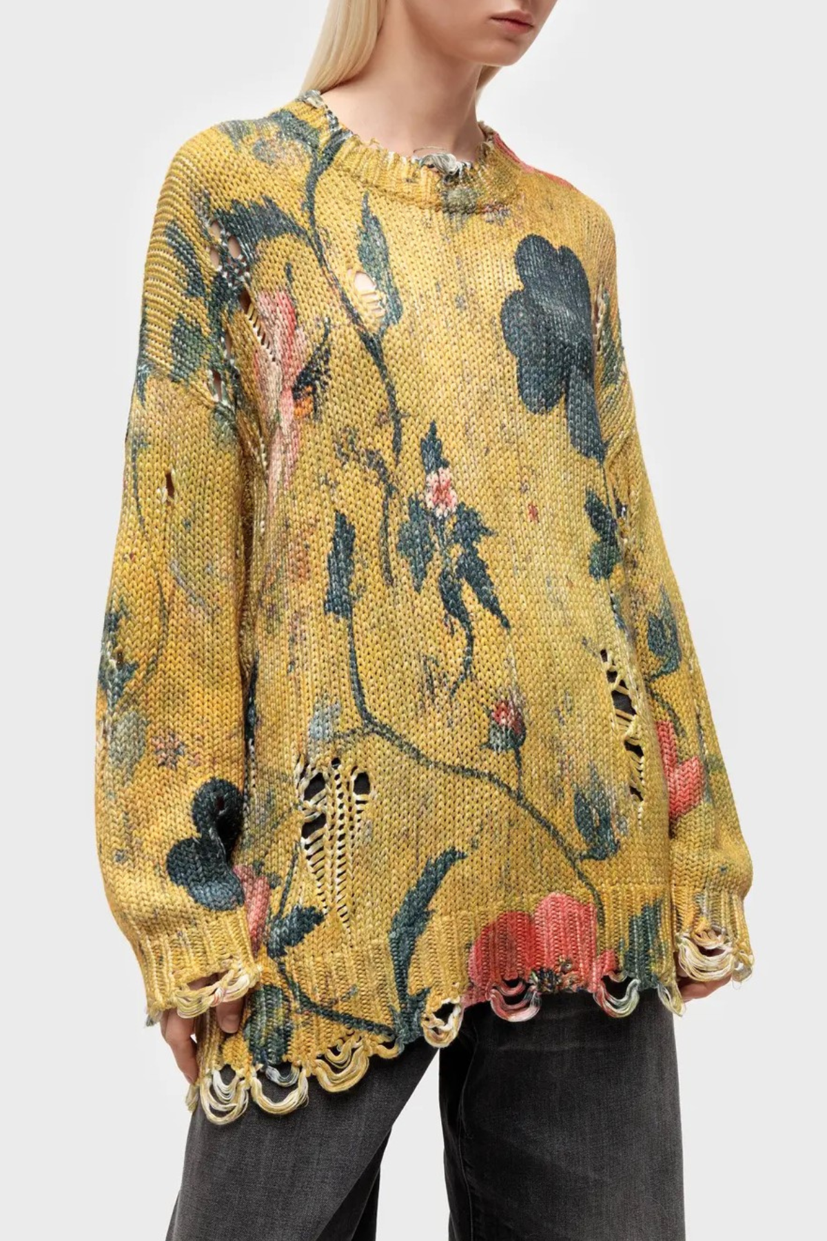 Omria Floral Print Distressed Sweater - Yellow