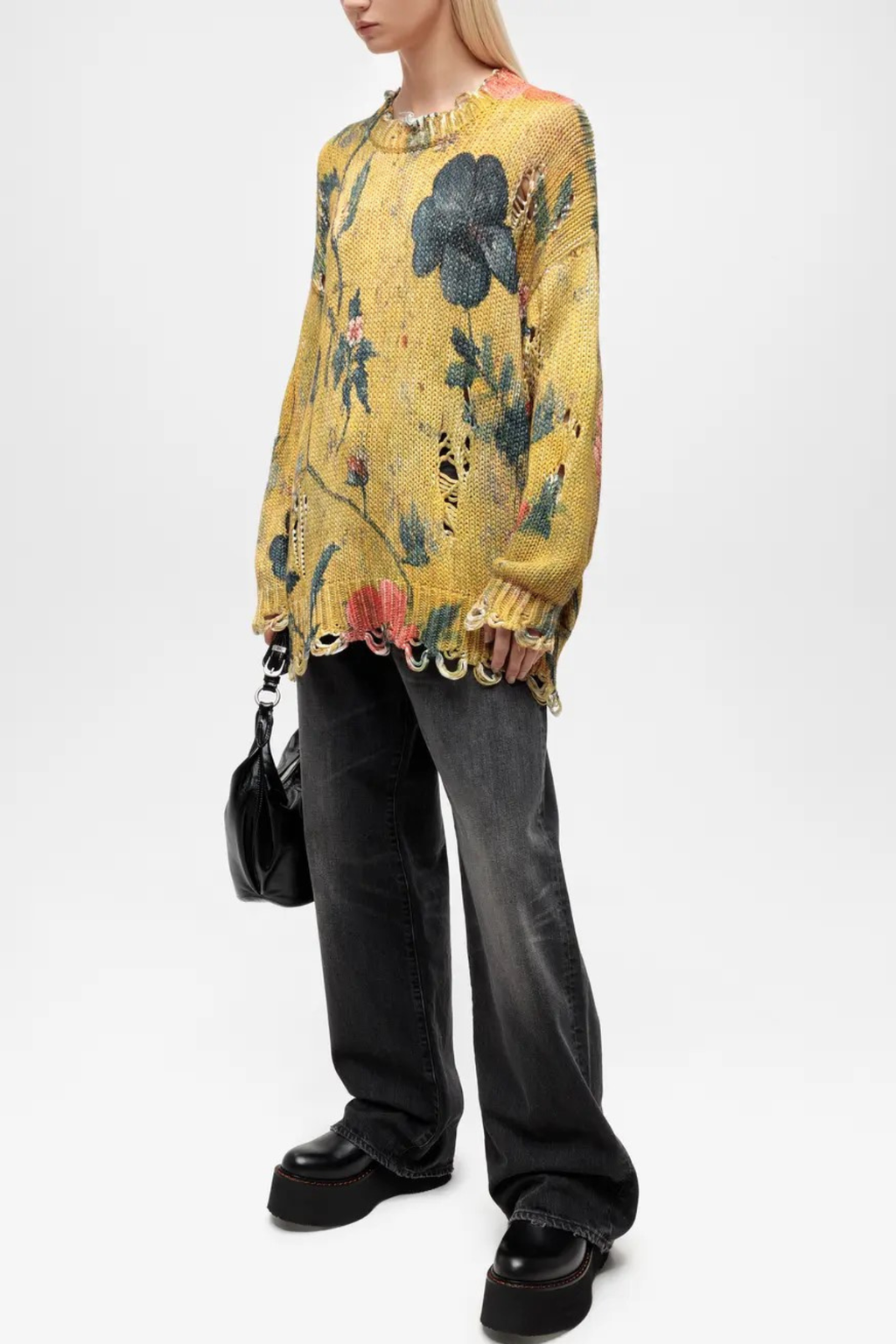 Omria Floral Print Distressed Sweater - Yellow