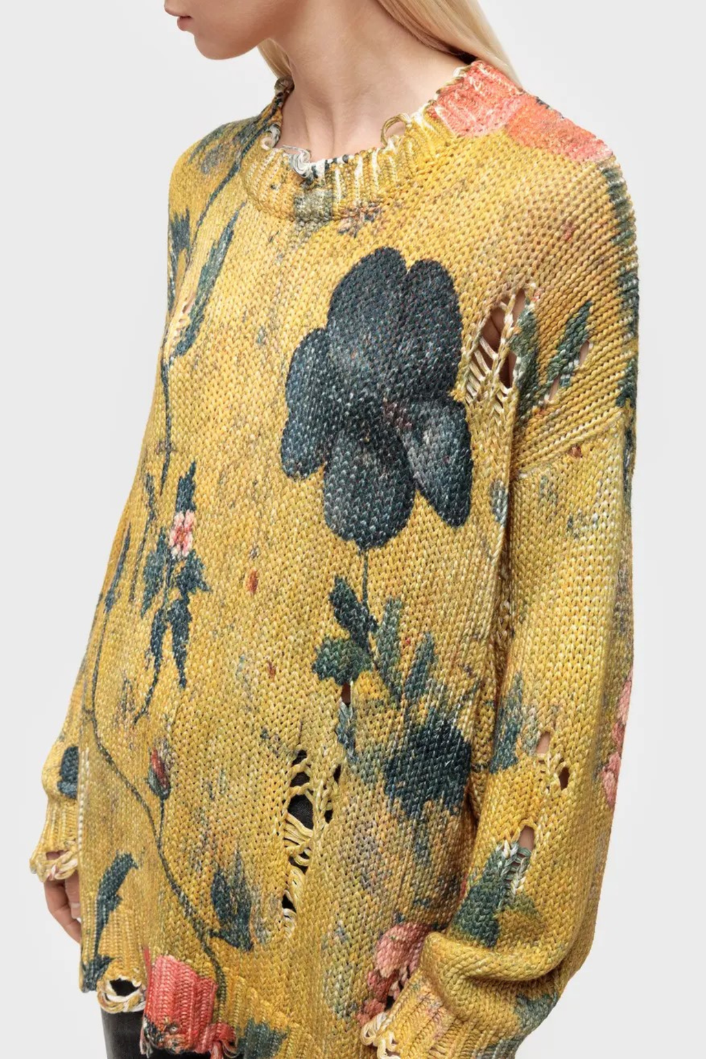 Omria Floral Print Distressed Sweater - Yellow