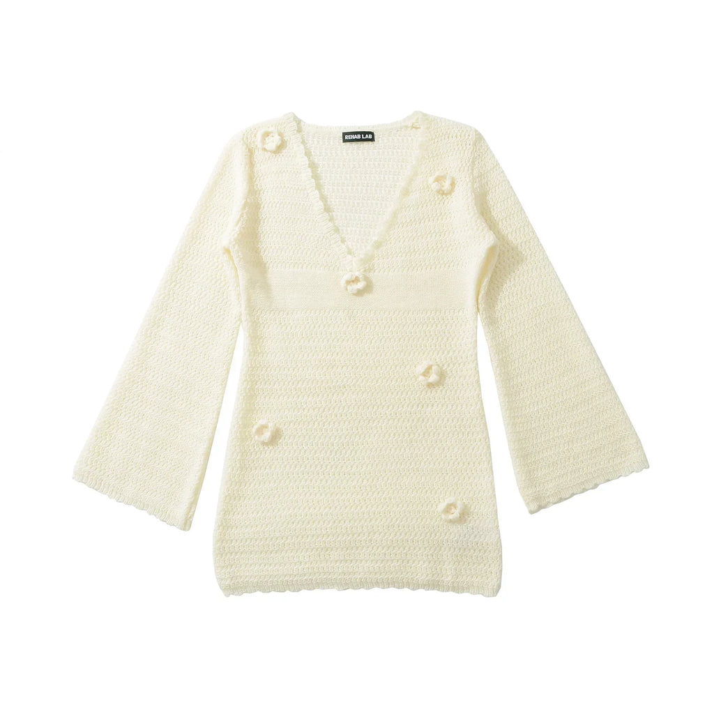 3D Flower Hand Crotch Full Flare Sleeve Sweater Dress