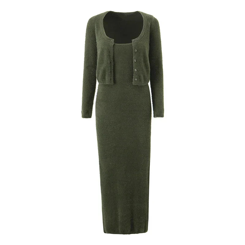 Knitted Cardigan With Camisole Dress Two-piece Set
