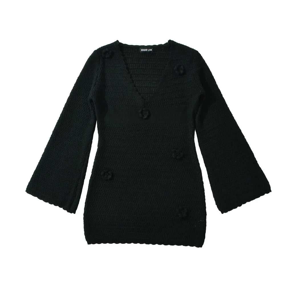 3D Flower Hand Crotch Full Flare Sleeve Sweater Dress