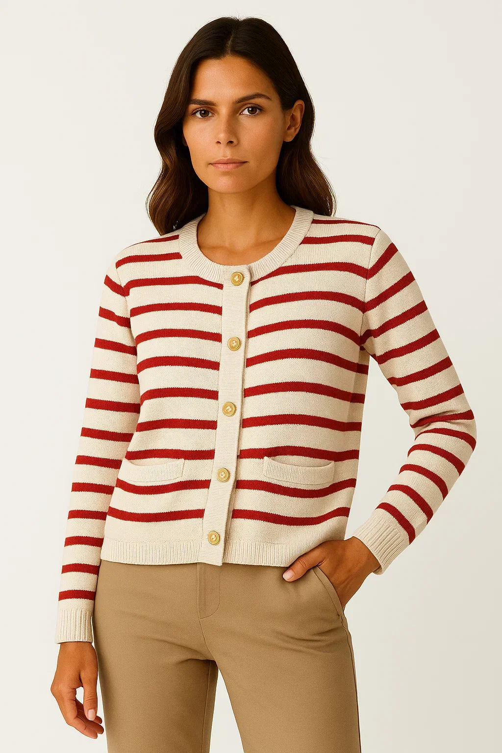 Striped Button Cardigan | Soft Knit | Gold Accent Detailing