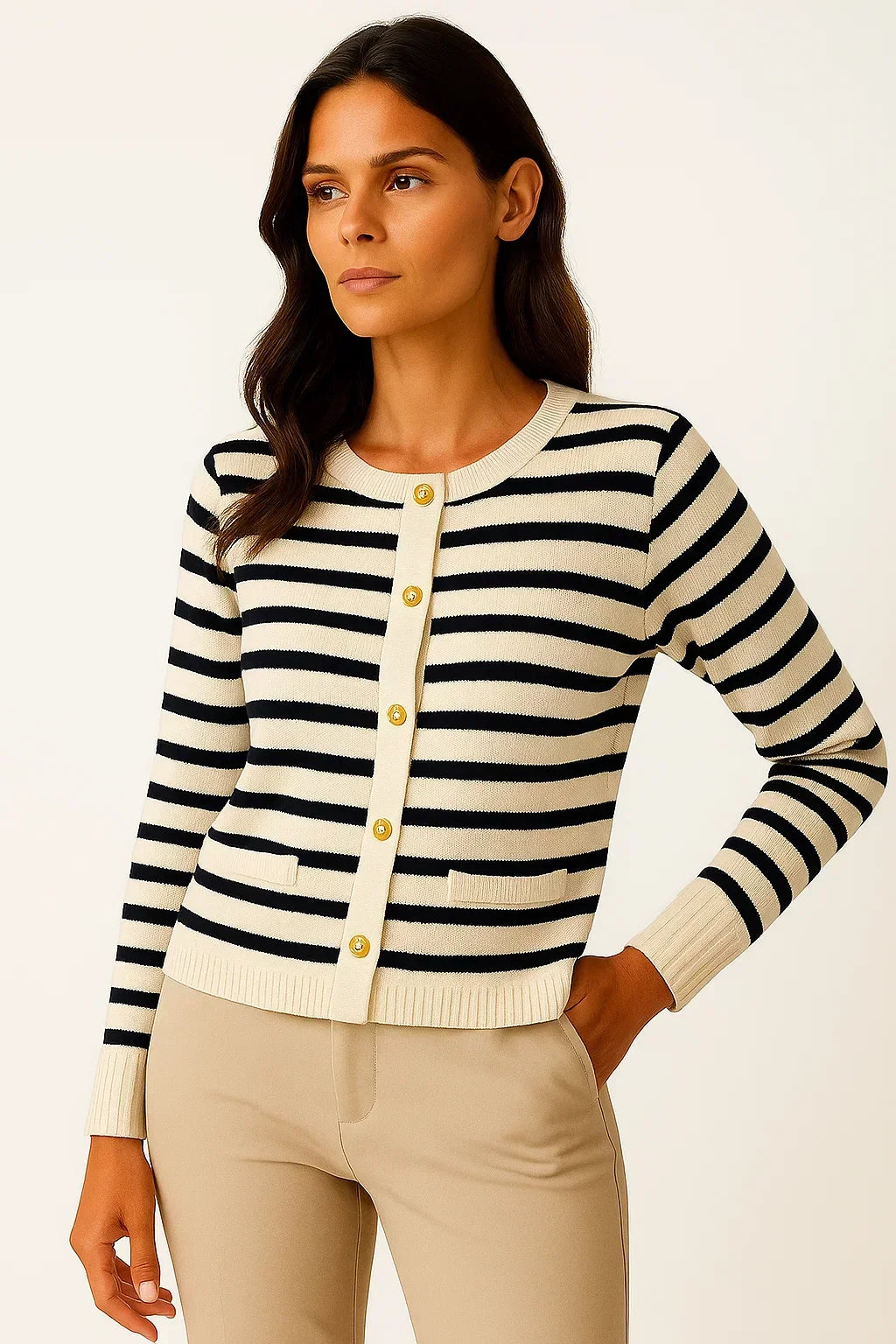 Striped Button Cardigan | Soft Knit | Gold Accent Detailing