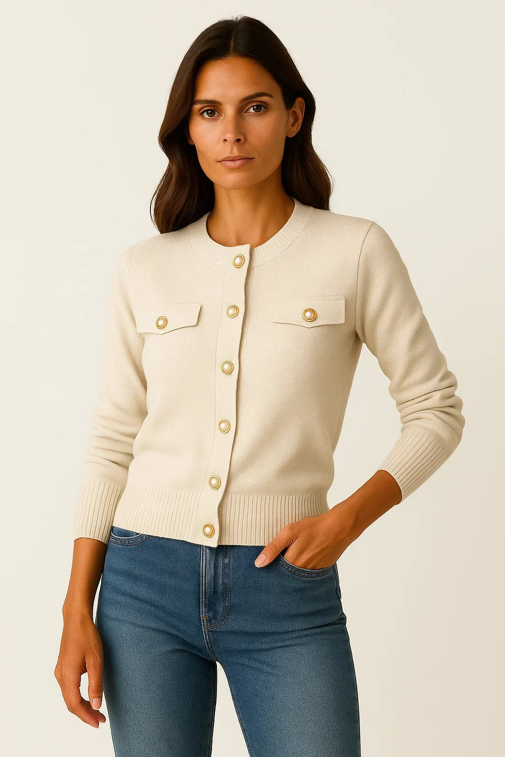 Women's Wool-Cotton Cardigan | Pearl Button Knit | Regular Fit