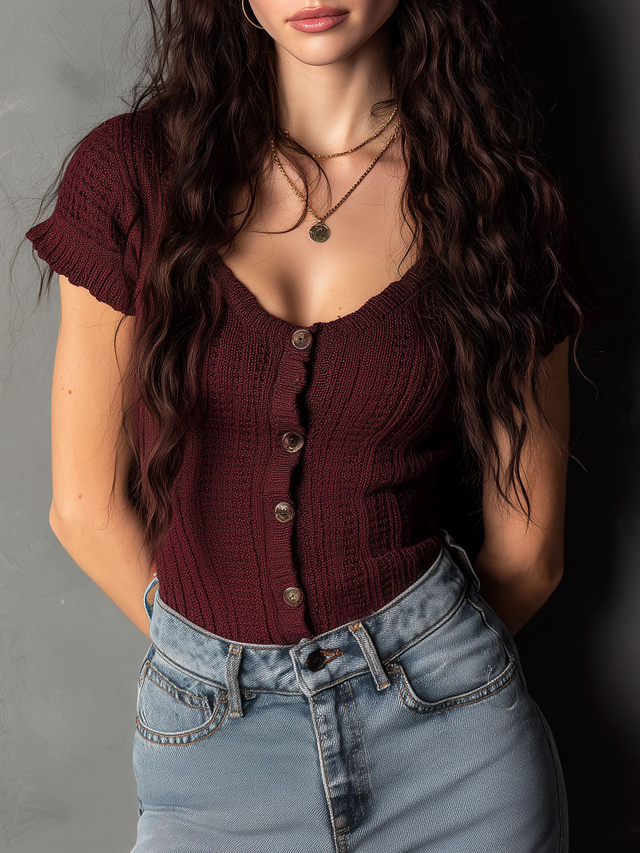 Classic Burgundy Button Front Ribbed Knit Slim Fit Top