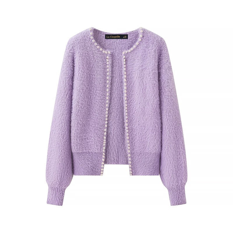 Faux Mink Cardigan | Pearl Trim | Open Front
