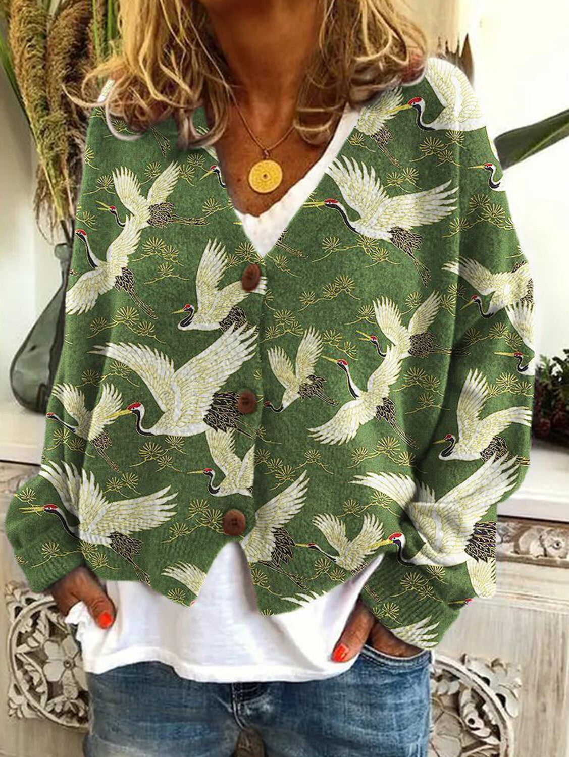 Casual Floral Pattern Three Button Knit Sweater Cardigan