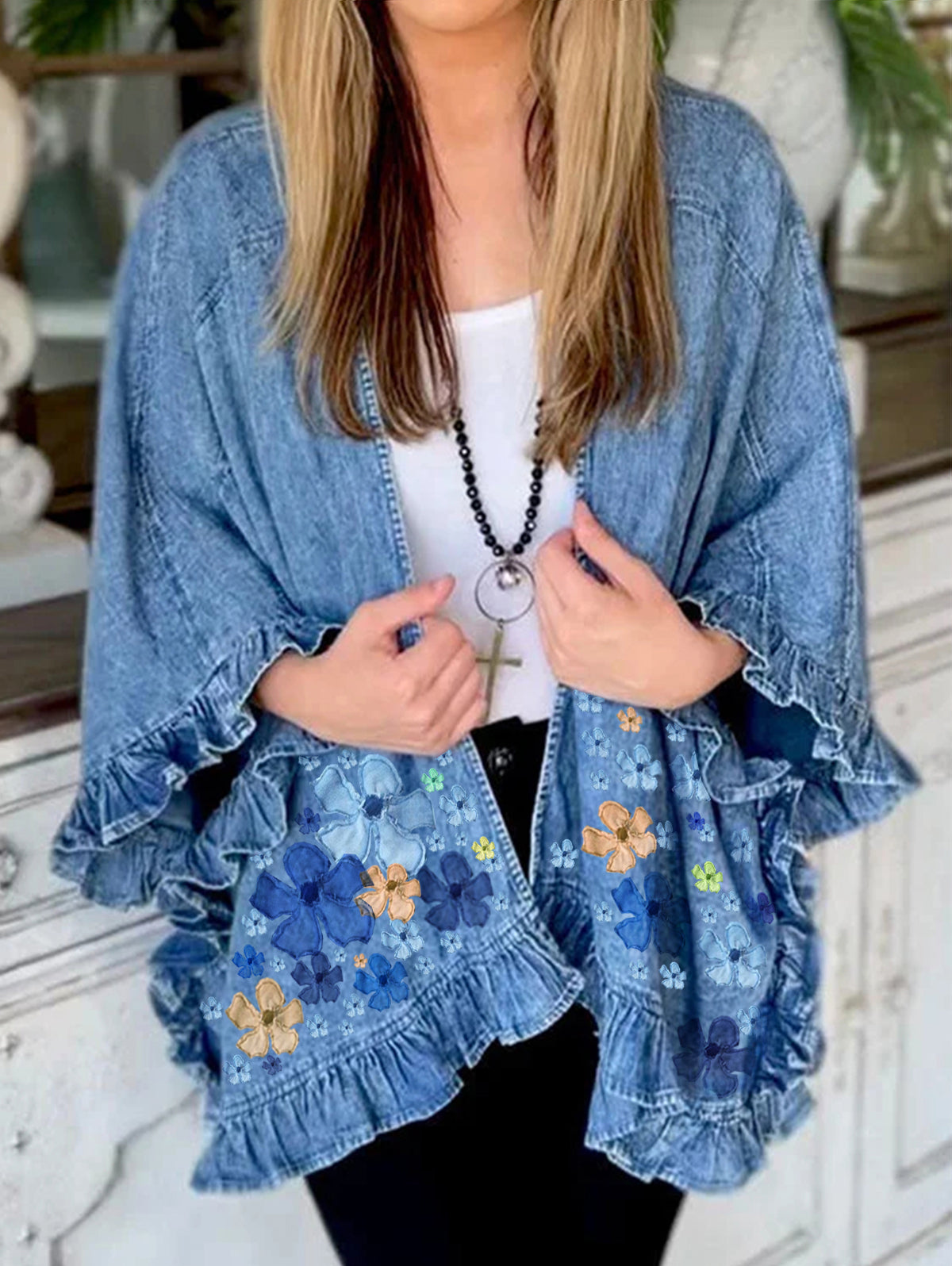 sheenchic Cute Floral 3/4 Sleeve Loose Ruffle Trim Cardigan