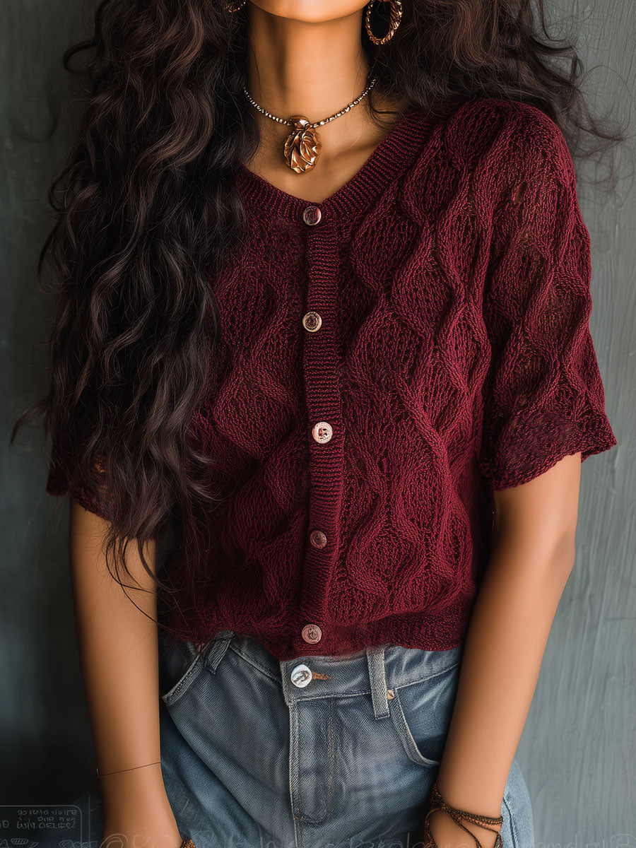 Classic Burgundy Textured Knit Button Front Cardigan