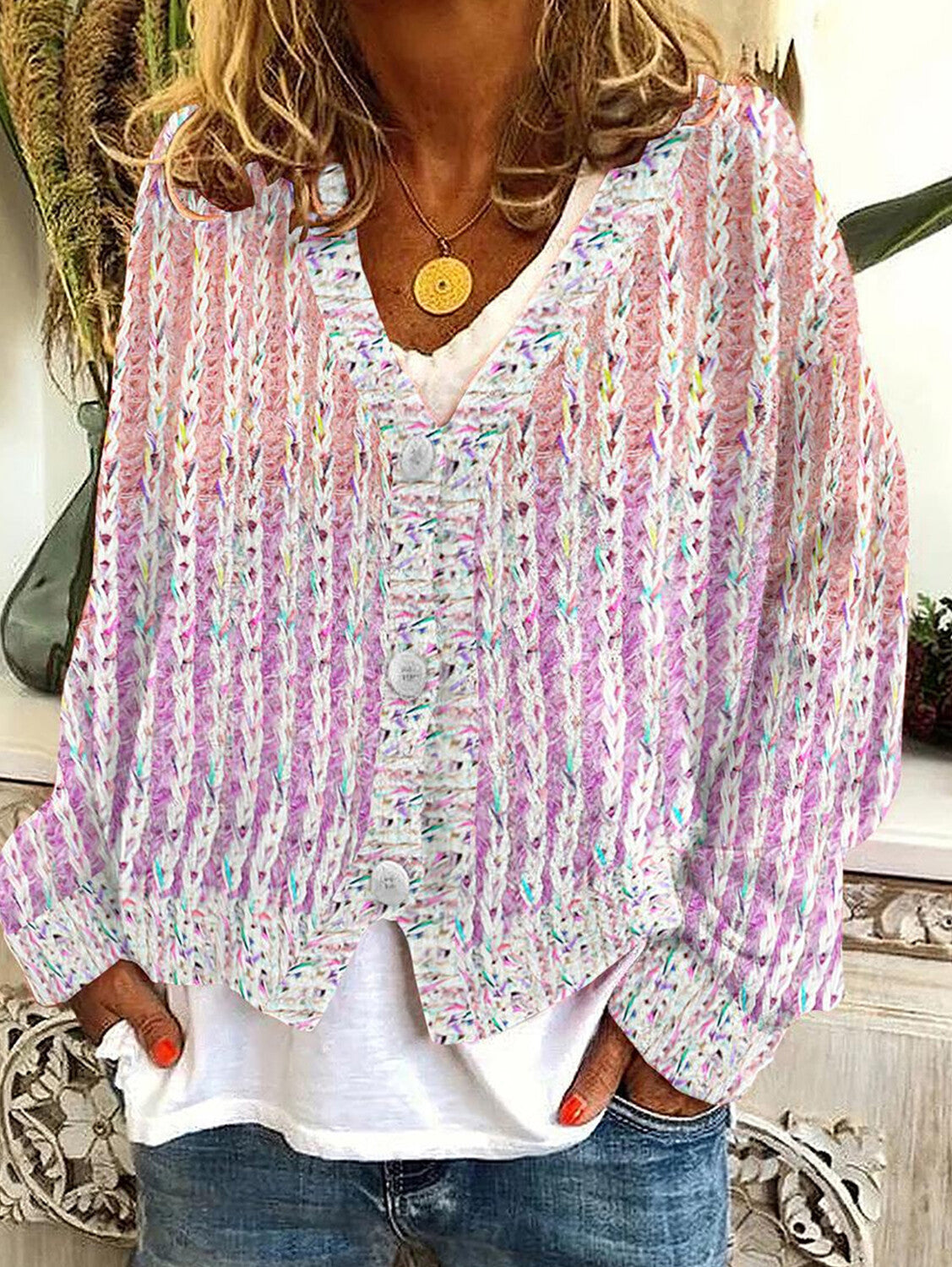Casual Floral Pattern Three Button Knit Sweater Cardigan